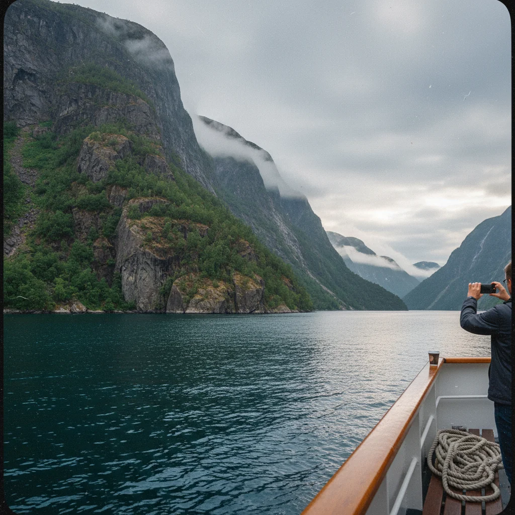 Bootsfahrt durch den schmalen Naeroyfjord mit steilen Felswanden