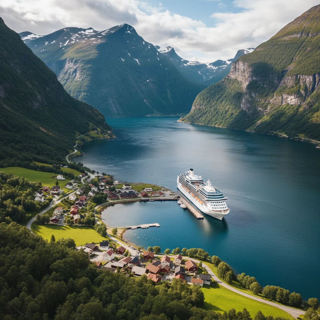 Blick auf Flam am Aurlandsfjord mit Bergen und gruenen Haengen