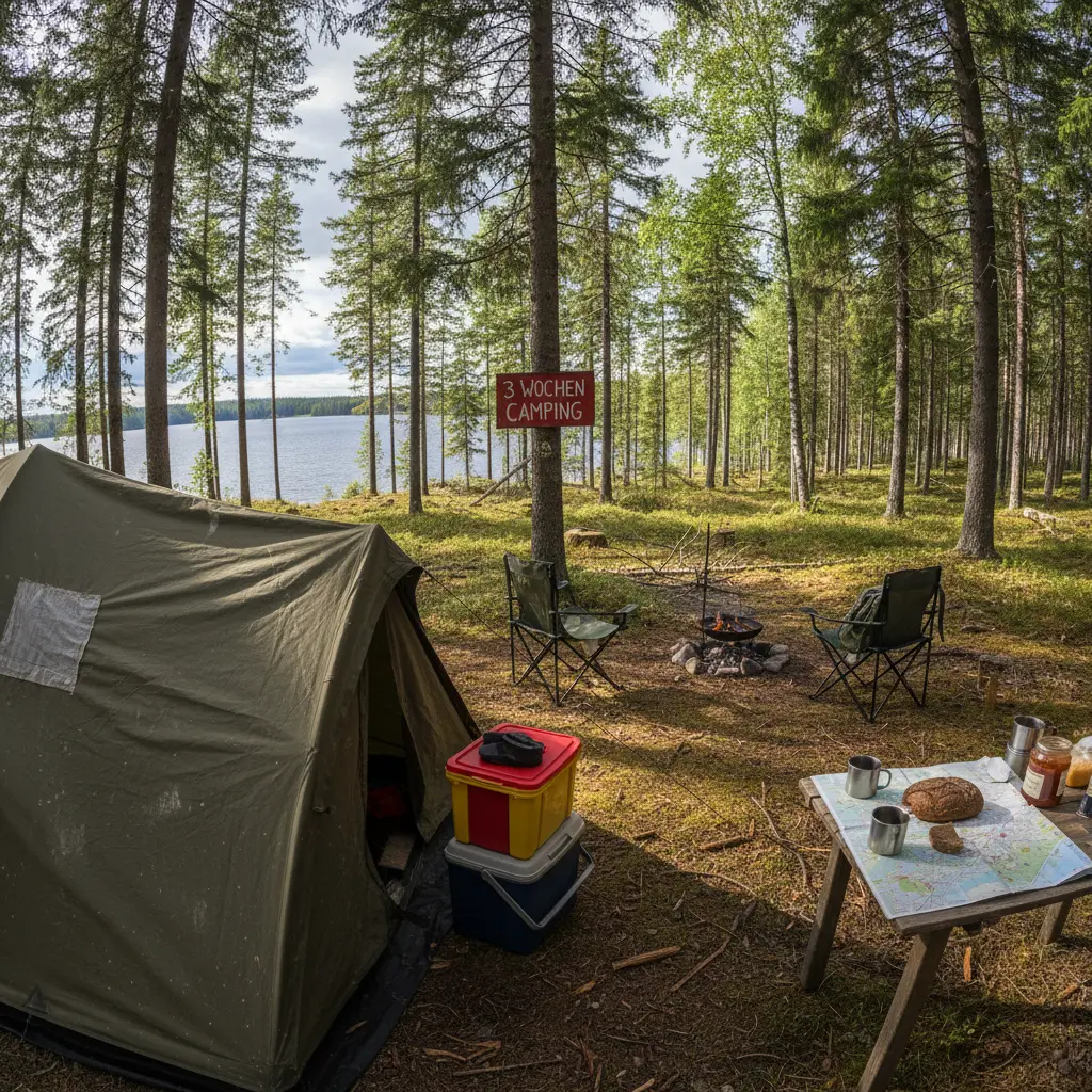Wohnmobil auf einem norwegischen Campingplatz mit Blick auf Berge und Fjord