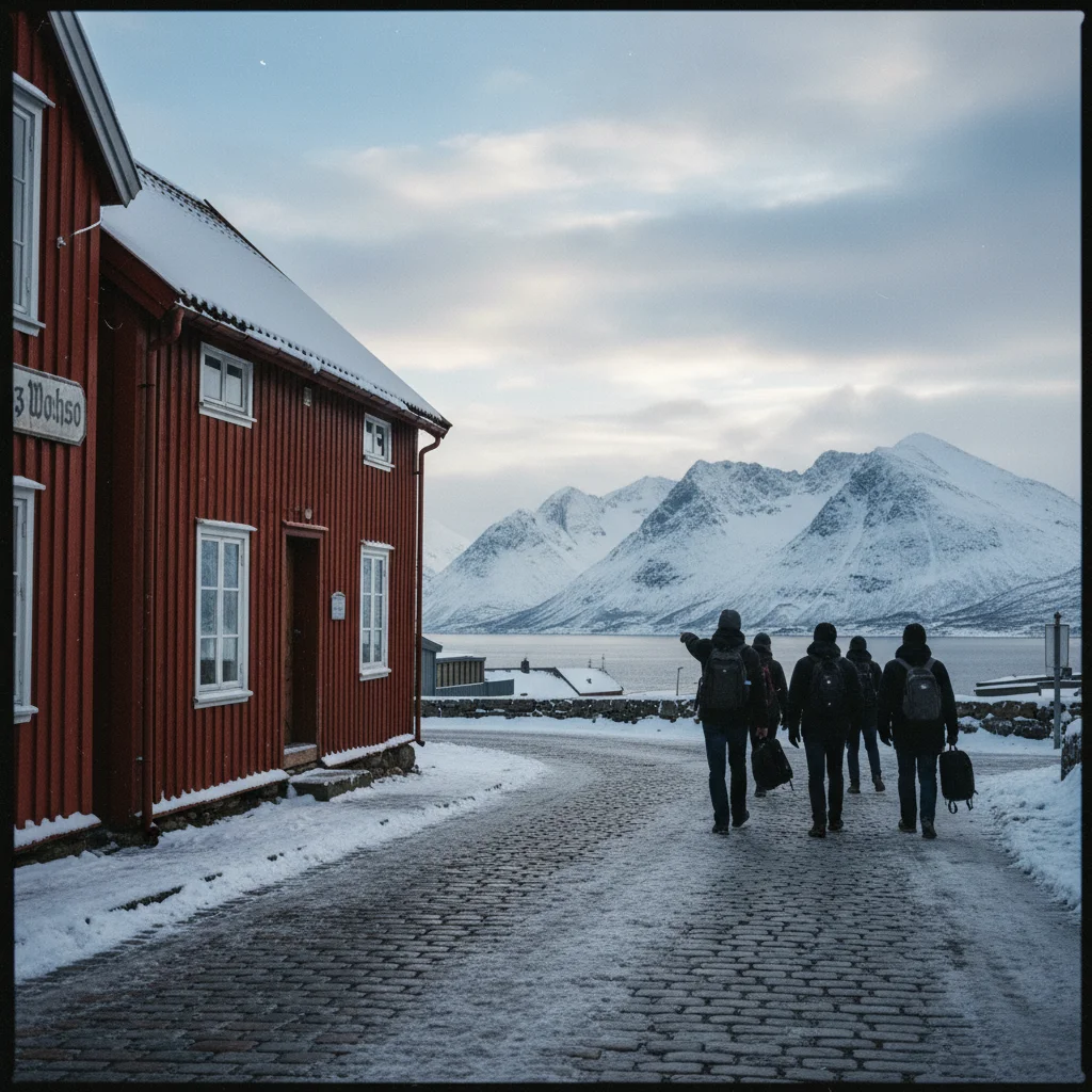 Tromso bei Nacht mit der beleuchteten Eismeerkathedrale und dem Hafen