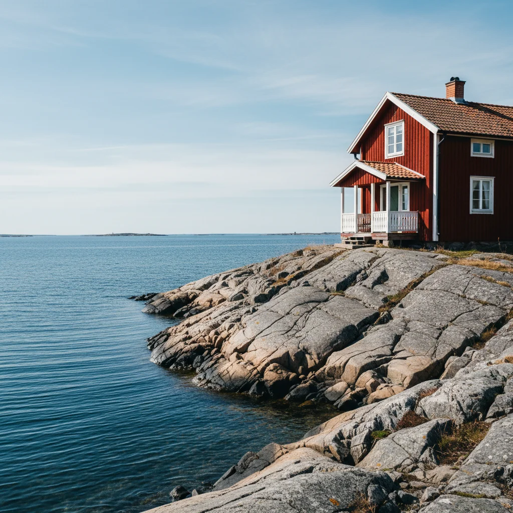 Rotes Holzhaus auf einer Åland-Schäreninsel mit Felsen und blauem Meer