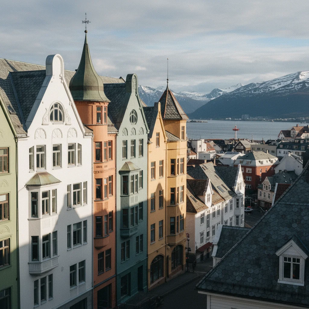 Jugendstil-Fassaden in Ålesund, Norwegen, vom Aksla-Aussichtspunkt