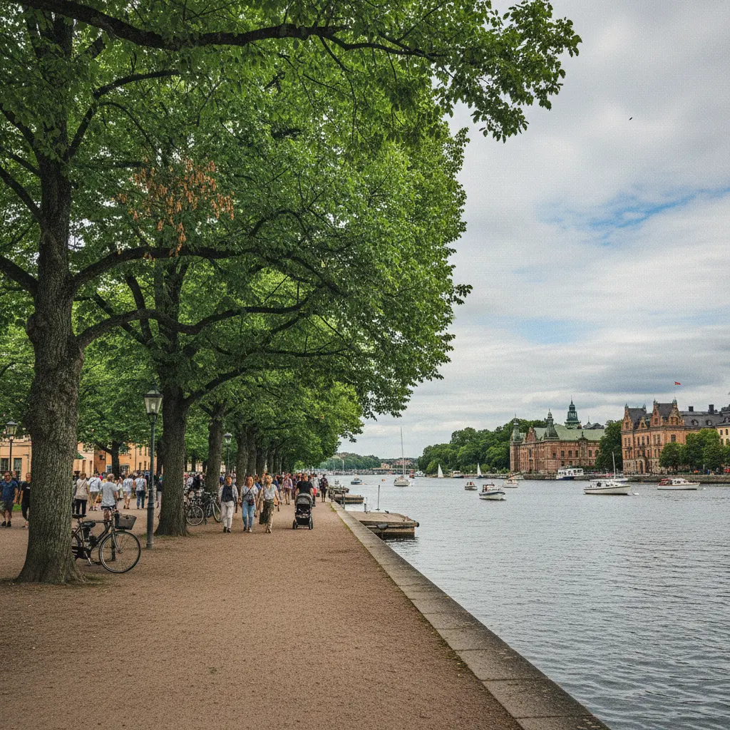 Blick auf die Insel Djurgården mit Museumsgebäuden am Wasser