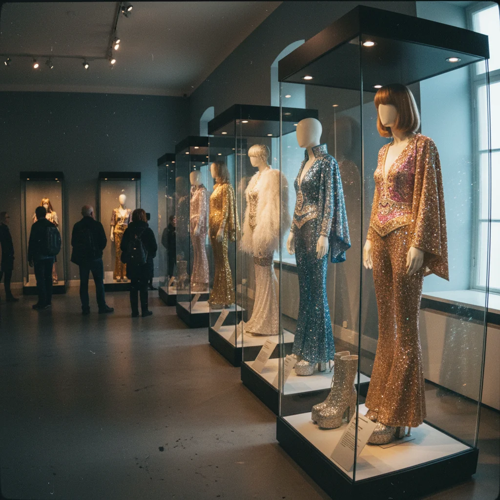Originale ABBA-Bühnenkostüme hinter Glas im Museum