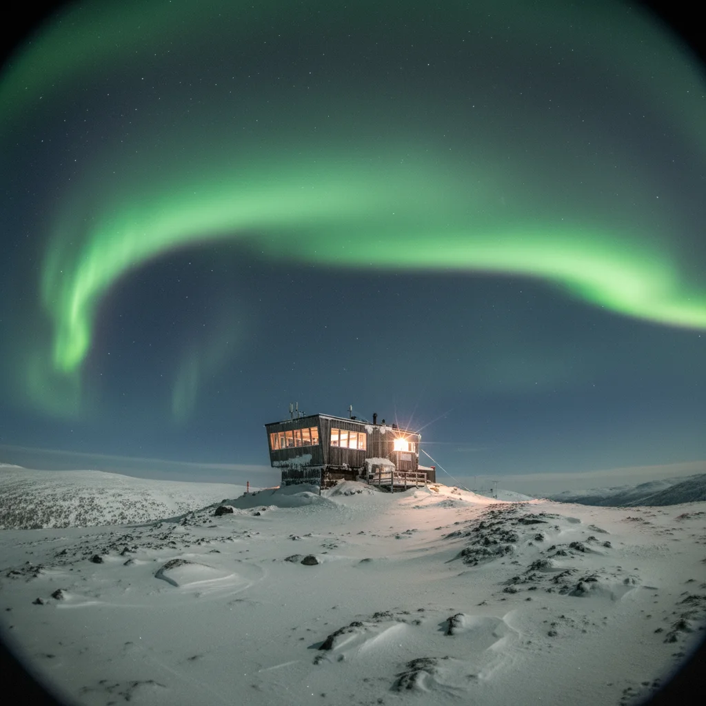 Aurora Sky Station auf dem Nuolja bei Abisko mit Nordlichtern am Himmel