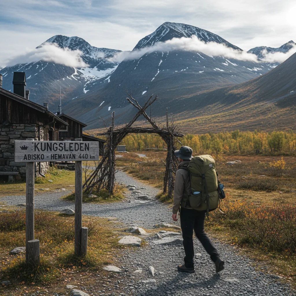Startpunkt des Kungsleden Wanderwegs bei Abisko mit Wegweiser und Bergpanorama