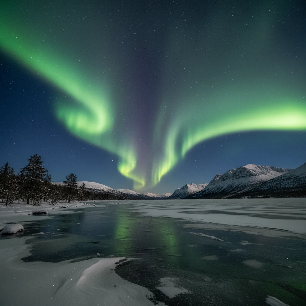 Nordlichter über dem Torneträsk-See bei Abisko in Schwedisch-Lappland