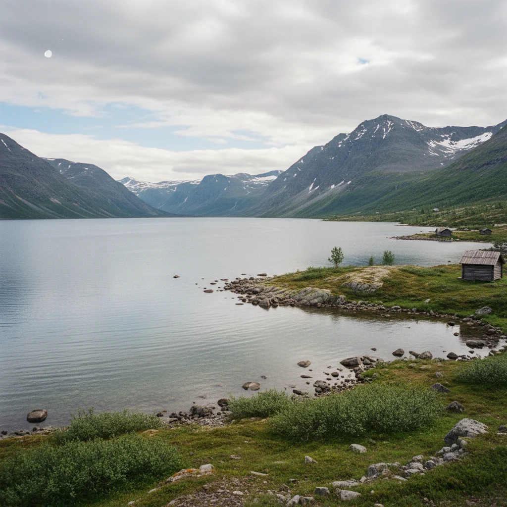 Torneträsk See bei Abisko mit Bergen im Hintergrund und klarem Wasser