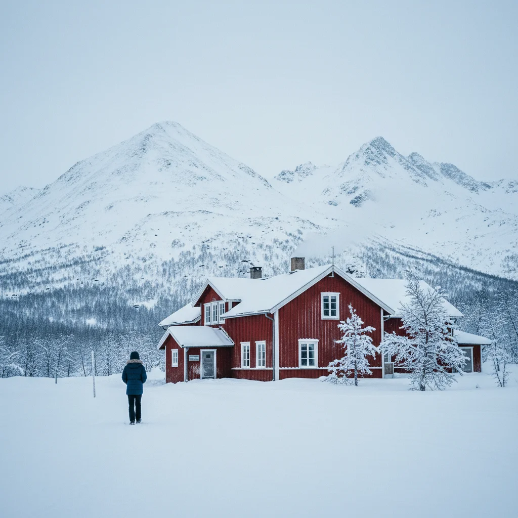 Abisko Turiststation im Winter mit verschneiten Bergen im Hintergrund