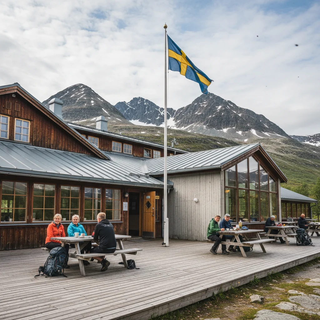 Abisko Turiststation des STF mit Hauptgebäude und Bergen im Hintergrund