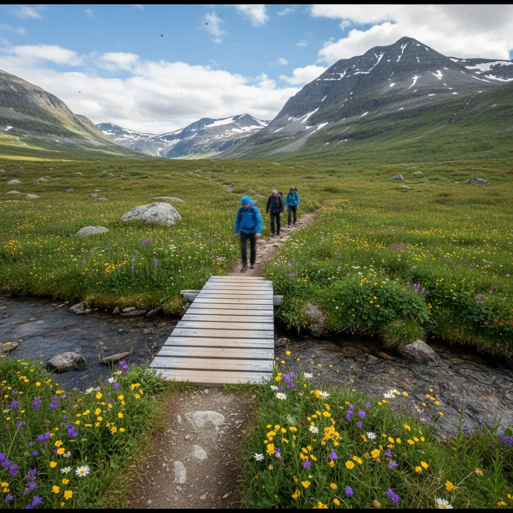 Wanderer auf einem Pfad durch die grüne Fjälllandschaft bei Abisko mit Bergen und klarem Himmel im Sommer