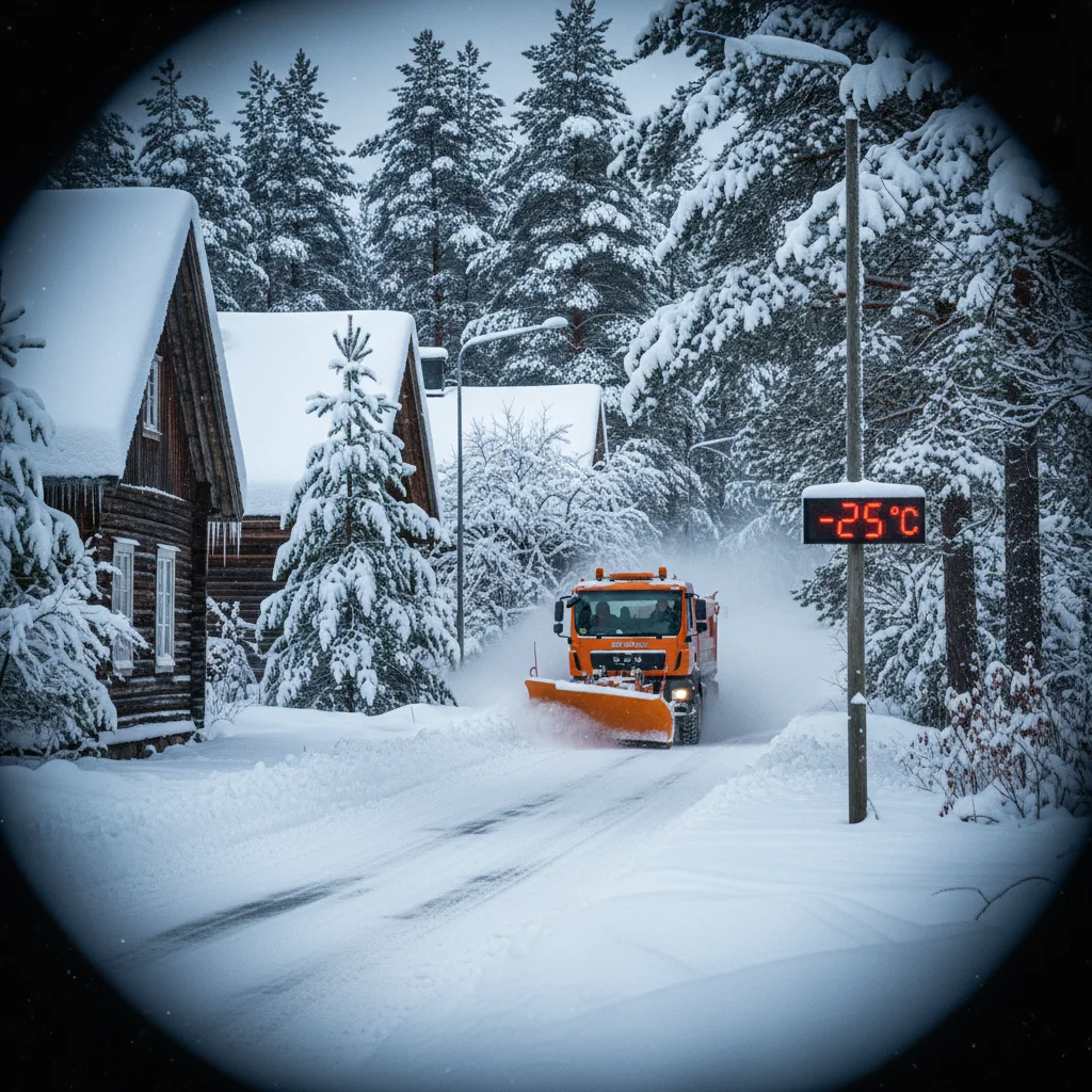 Winterlandschaft bei Älvdalen mit verschneitem Wald und Fluss