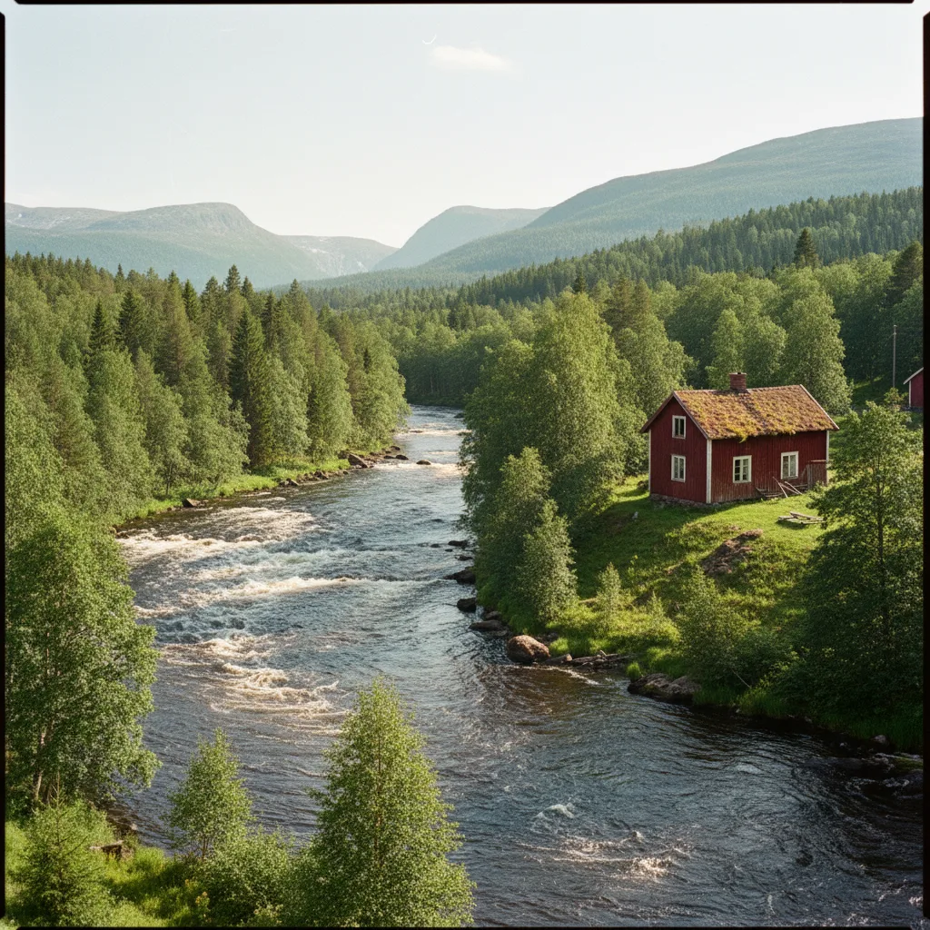 Der Ångermanälven im Ådalen mit bewaldeten Bergen und stillem Flusswasser