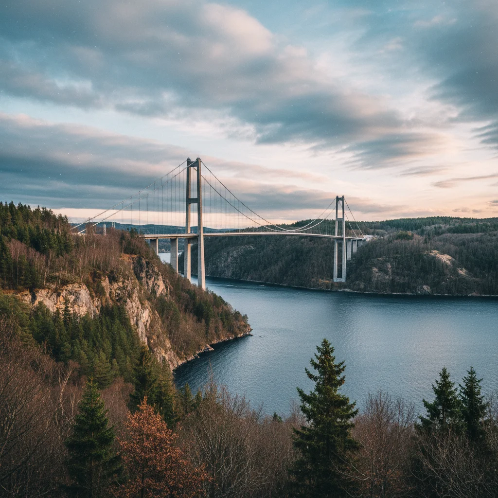 Höga Kusten-Brücke über den Ångermanälven mit Bergen und Meer im Hintergrund