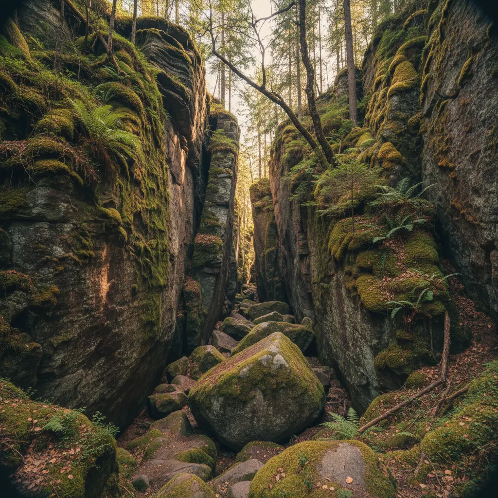 Skuleskogen Nationalpark mit Felsspalte und moosbedecktem Urwald