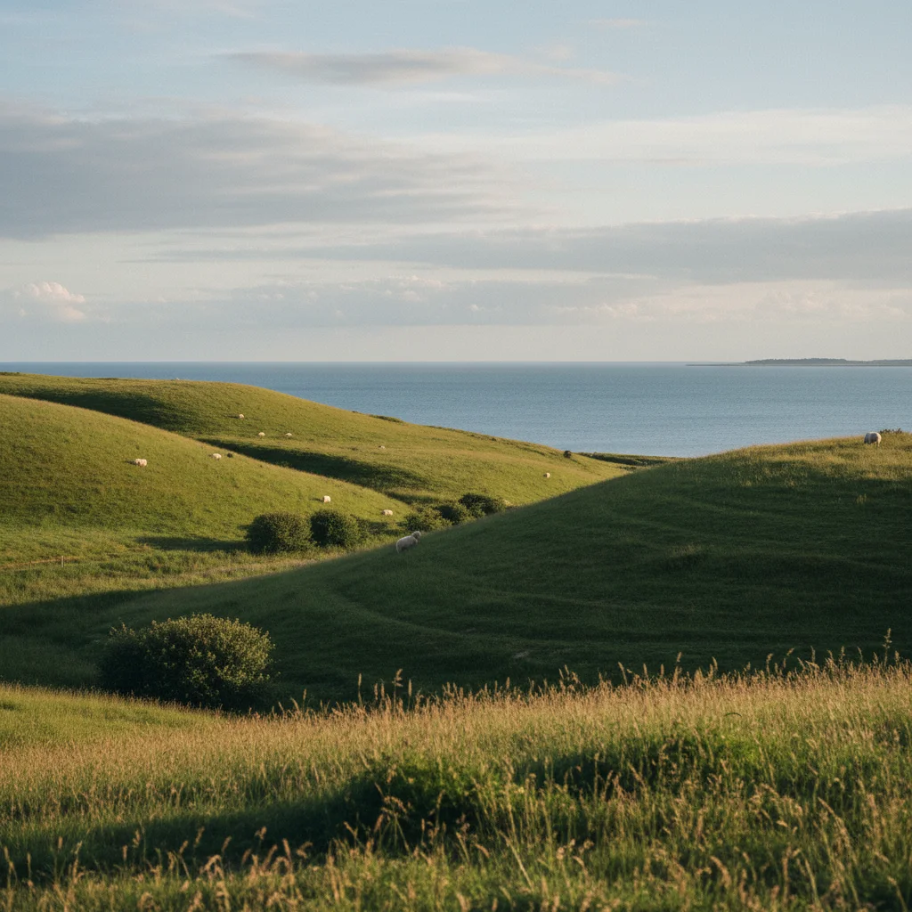 Sanfte Hügellandschaft auf Ærø mit Blick auf die Ostsee