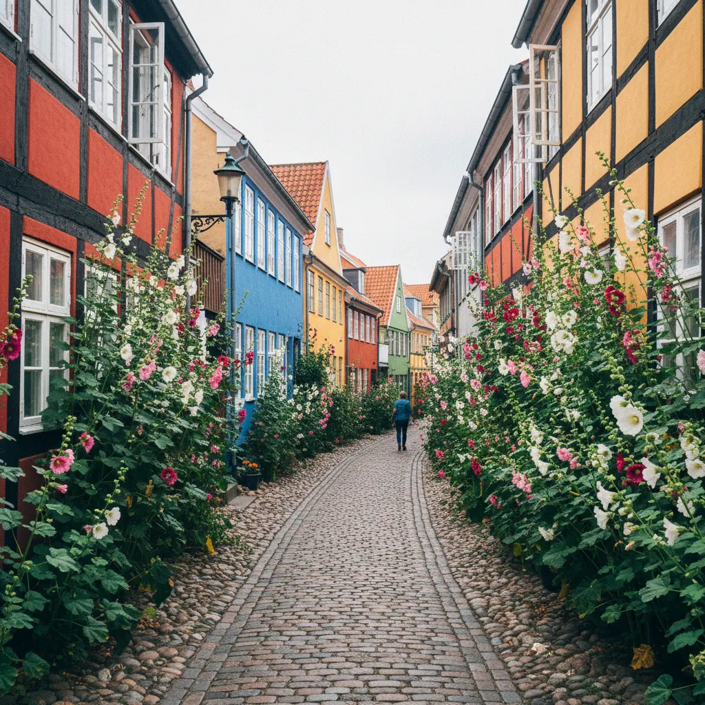 Bunte Fachwerkhäuser und Stockrosen in einer Gasse von Ærøskøbing