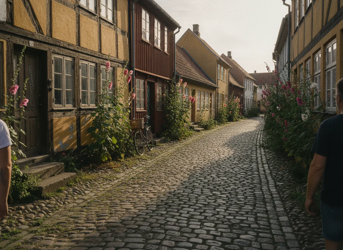 Kopfsteinpflastergasse mit bunten Fachwerkhäusern und Stockrosen in Ærøskøbing auf Ærø