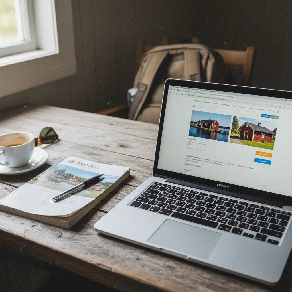 Laptop mit Buchungsportal für eine schwedische Ferienunterkunft auf einem Holztisch