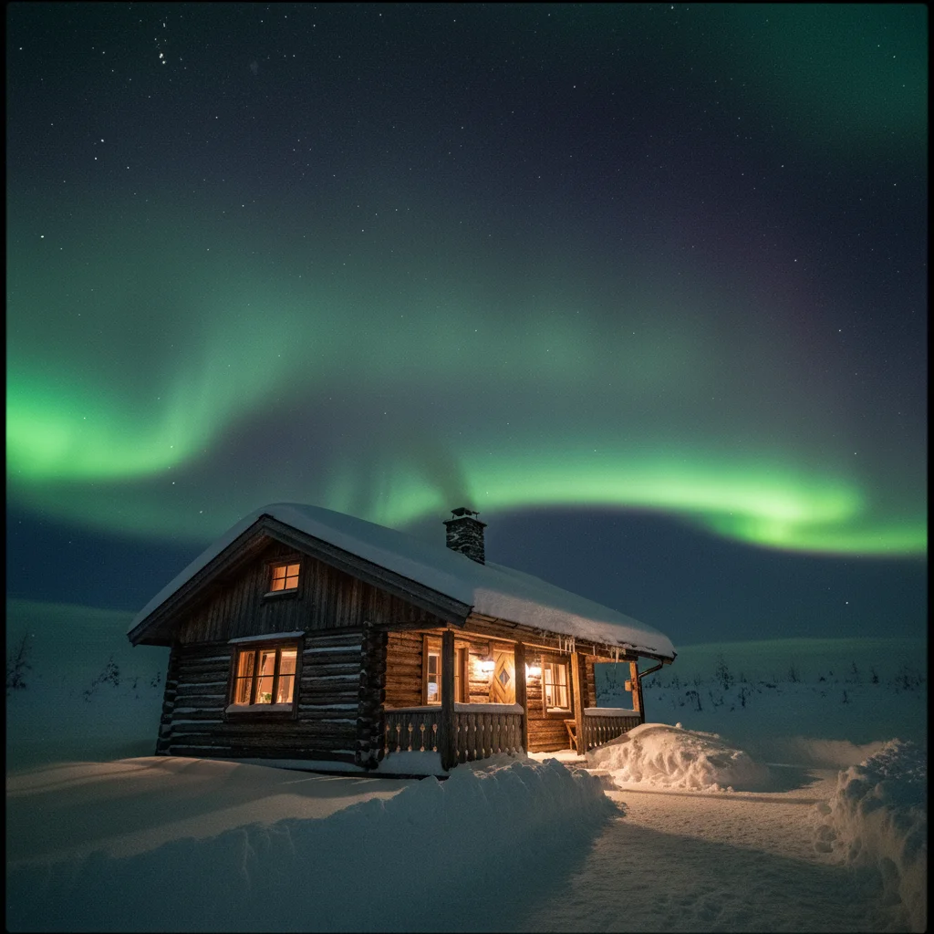 Gemütliche Airbnb-Cabin in Schwedisch-Lappland im Schnee mit Nordlicht am Himmel