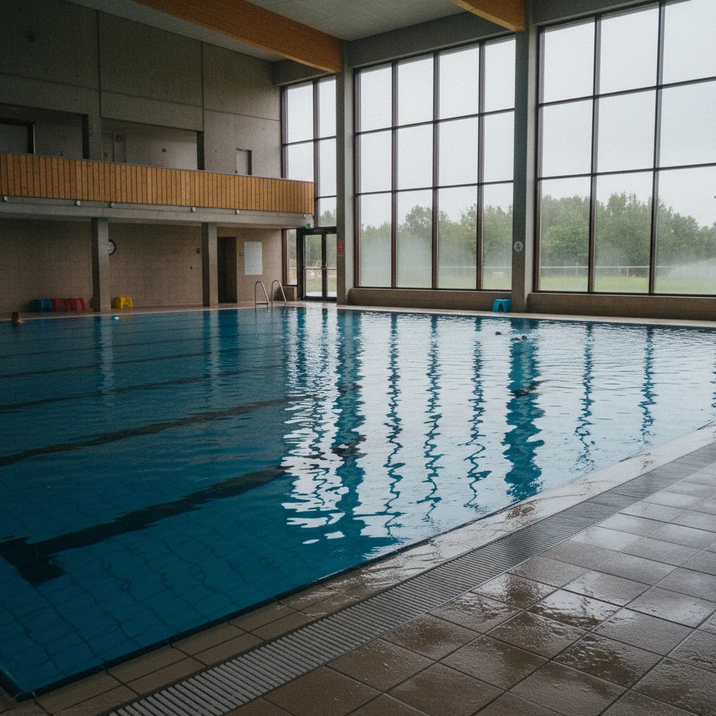 Innenpool in einem dänischen Aktivitätshaus mit blauem Wasser und großen Fenstern