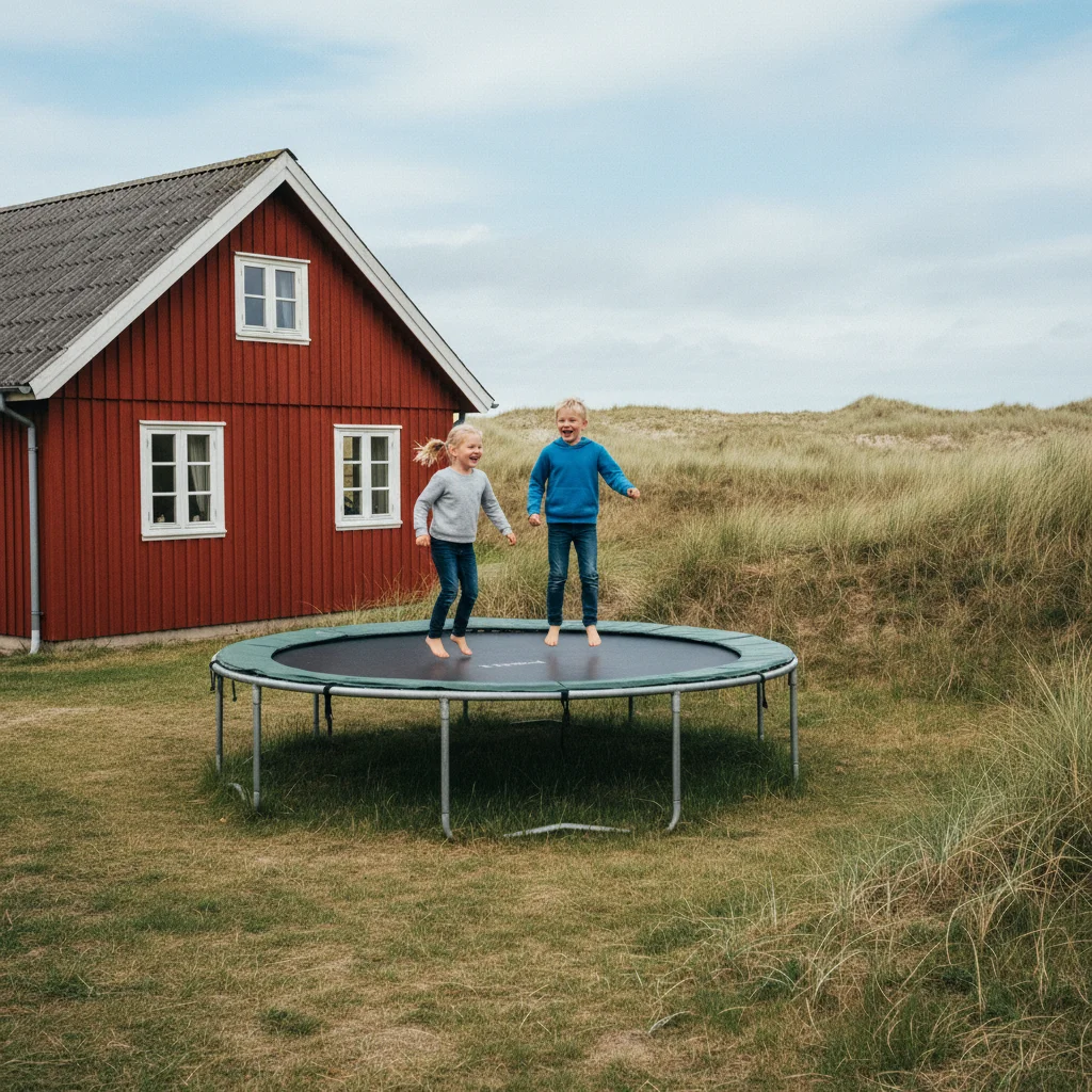 Kinder auf einem Gartentrampolin vor einem dänischen Ferienhaus mit Dünenlandschaft