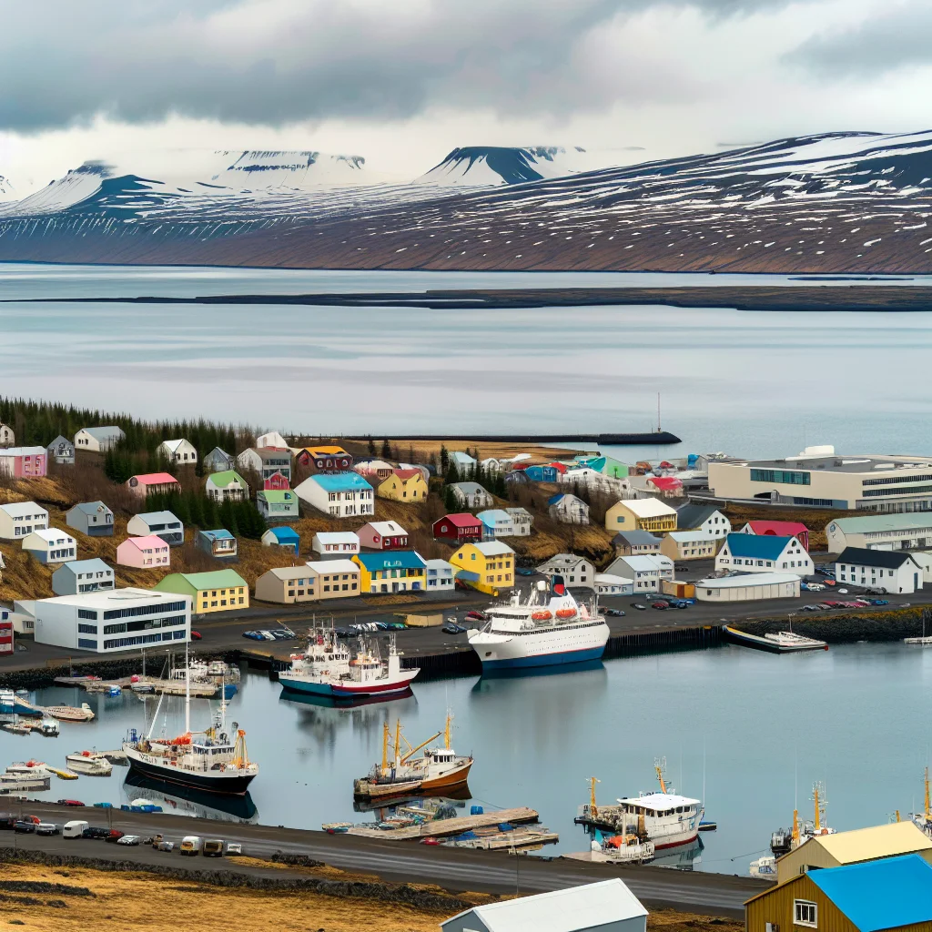Blick über den Hafen von Akureyri und den Eyjafjörður