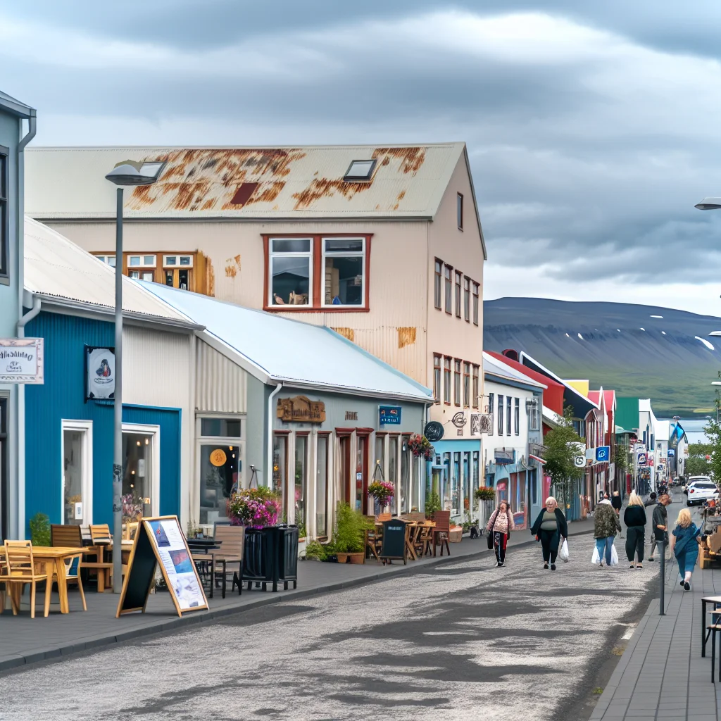 Gemütliche Straße in Akureyris Innenstadt mit Cafés und bunten Häusern