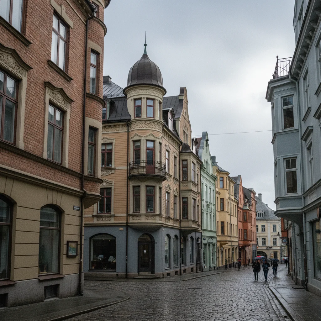 Jugendstil-Fassade in Ålesund mit Türmchen und Ornamenten