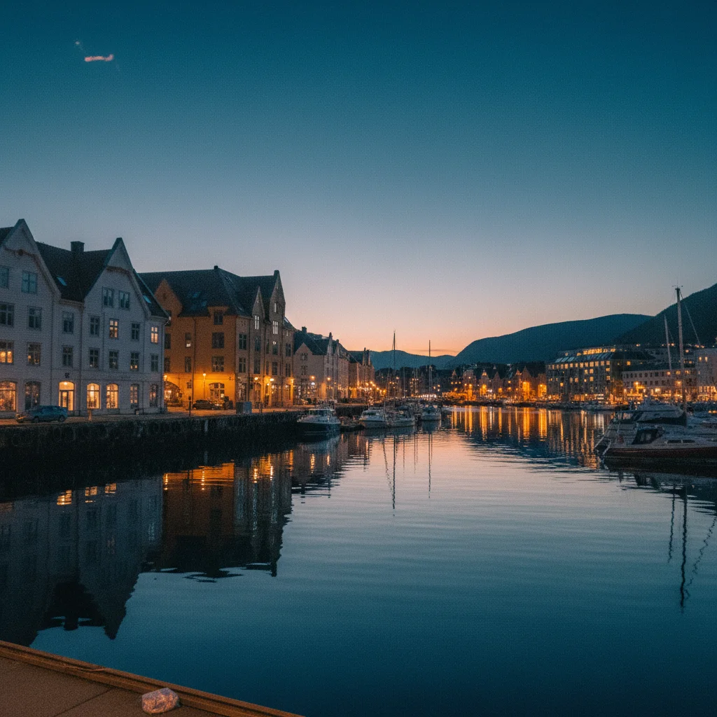 Ålesund bei Nacht mit beleuchteten Jugendstilgebäuden am Wasser