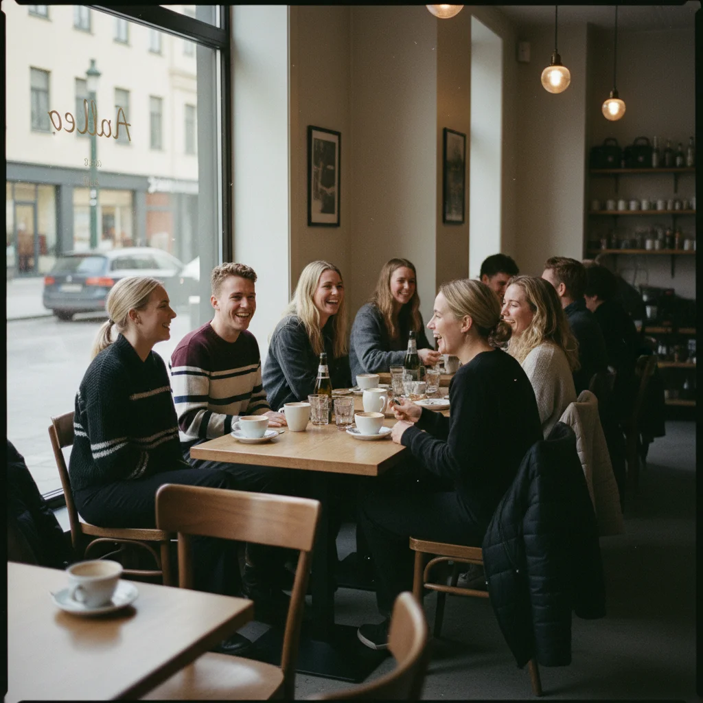 Gemuetliches Cafe in Oslo mit Gaesten am Fenster