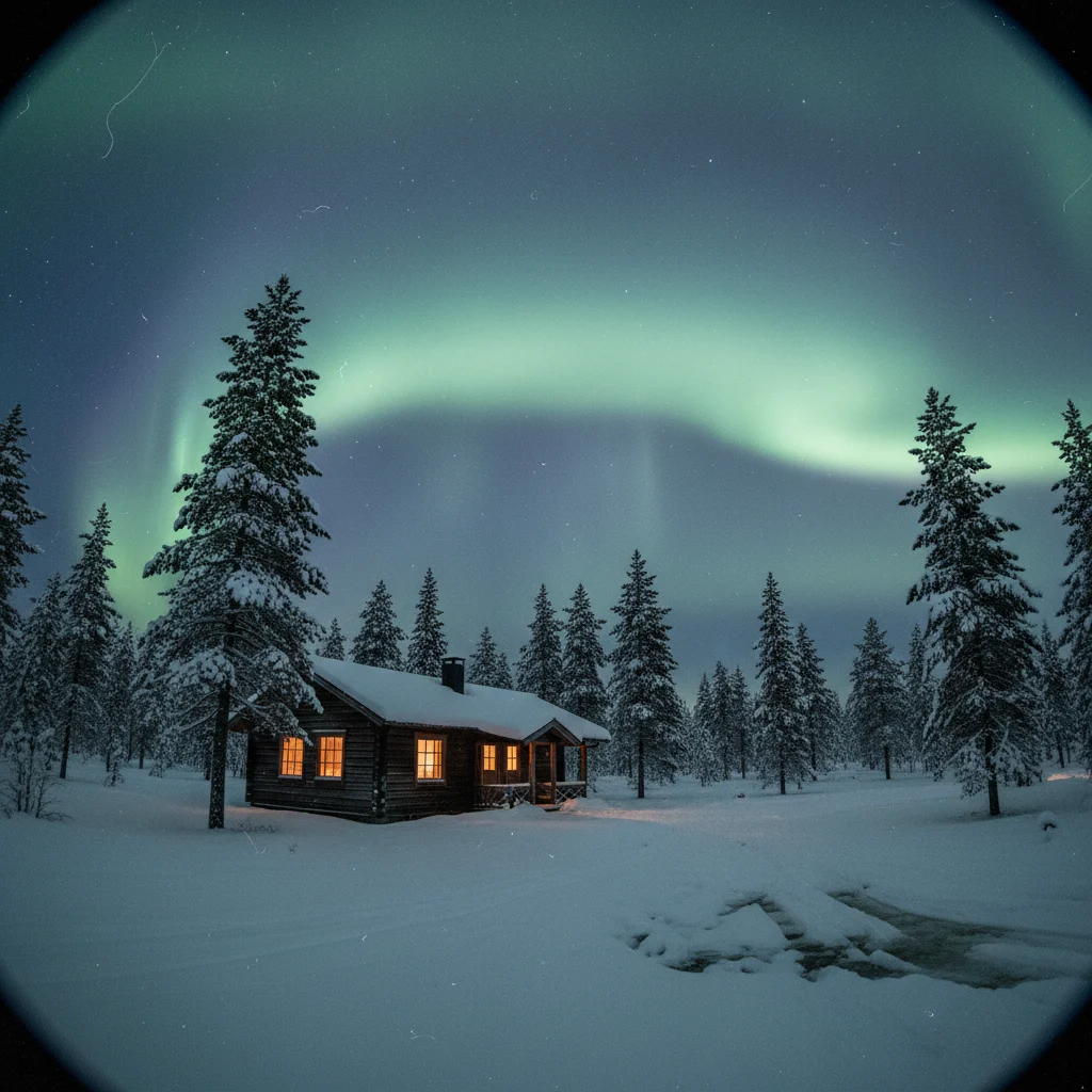 Nordlichter über einer norwegischen Landschaft mit einsamer Figur