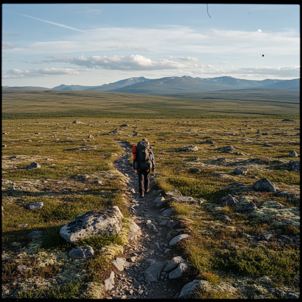 Einzelner Wanderer im weiten norwegischen Fjell mit Blick auf Berge