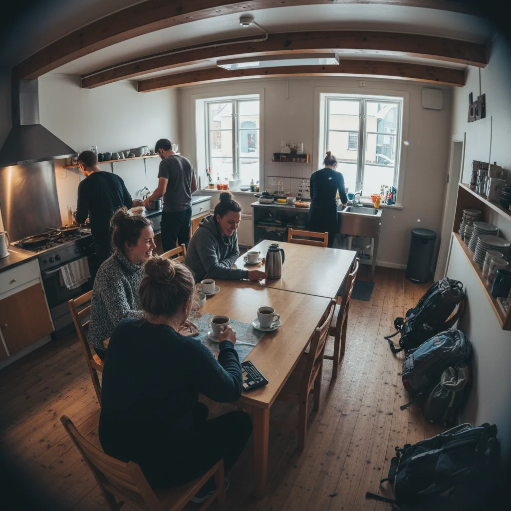 Gemeinschaftsküche in einem schwedischen Hostel mit anderen Reisenden