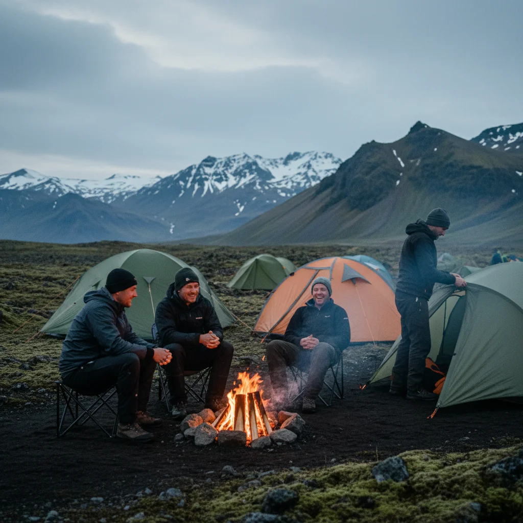 Gruppe von Reisenden an einem Campingplatz auf Island