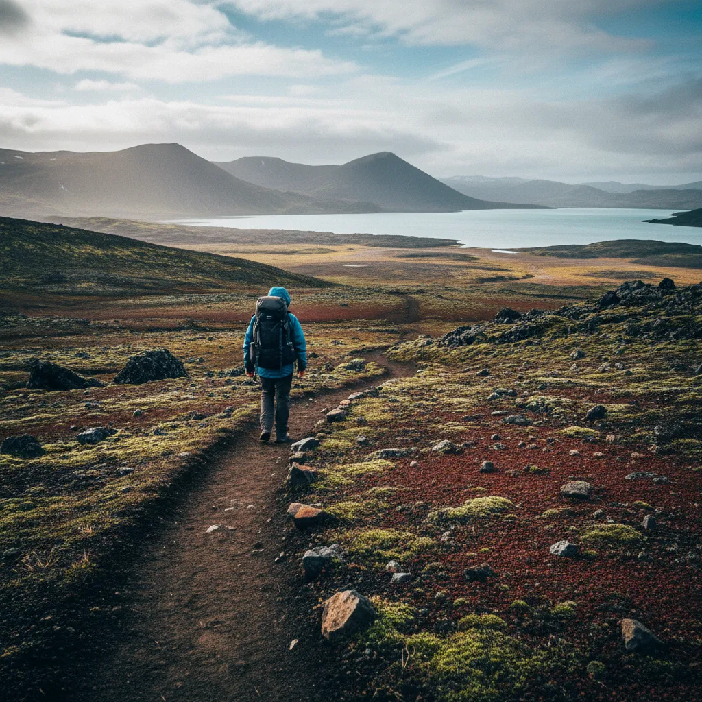 Einsamer Wanderer auf einem Wanderweg in Islands Hochland
