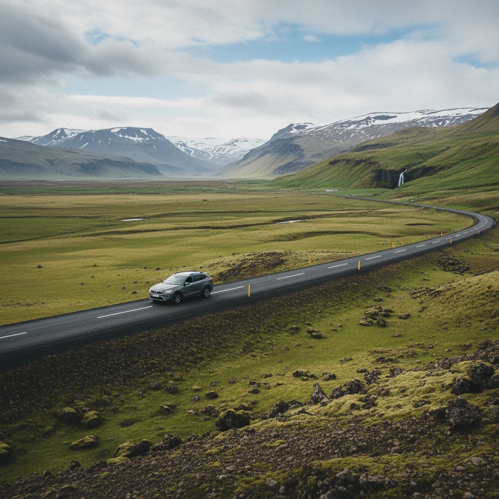Mietwagen auf der Ringstraße in Island mit weiter Landschaft