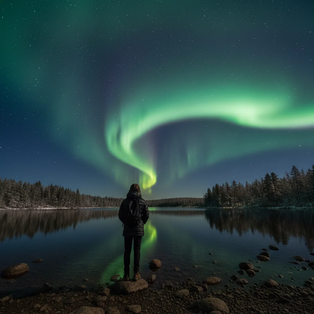 Alleinreisender betrachtet Nordlichter über einem schwedischen See