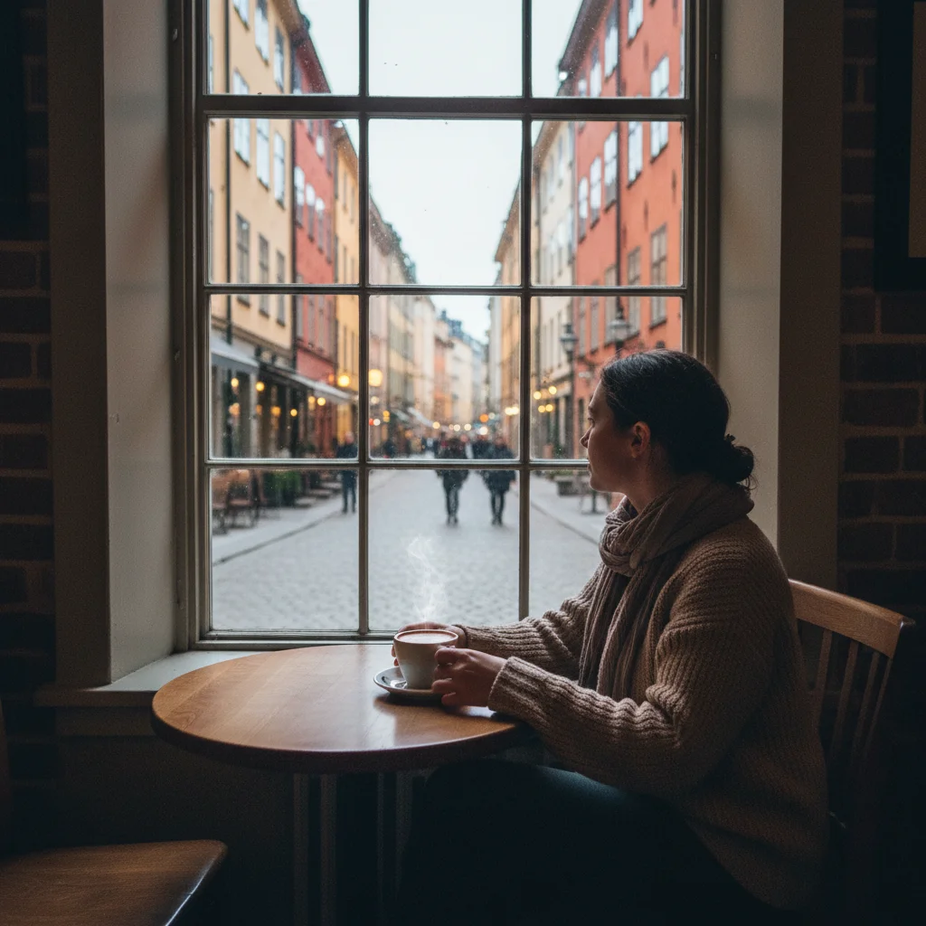 Allein in einem Stockholmer Café sitzen mit Kaffee und Blick auf die Gasse