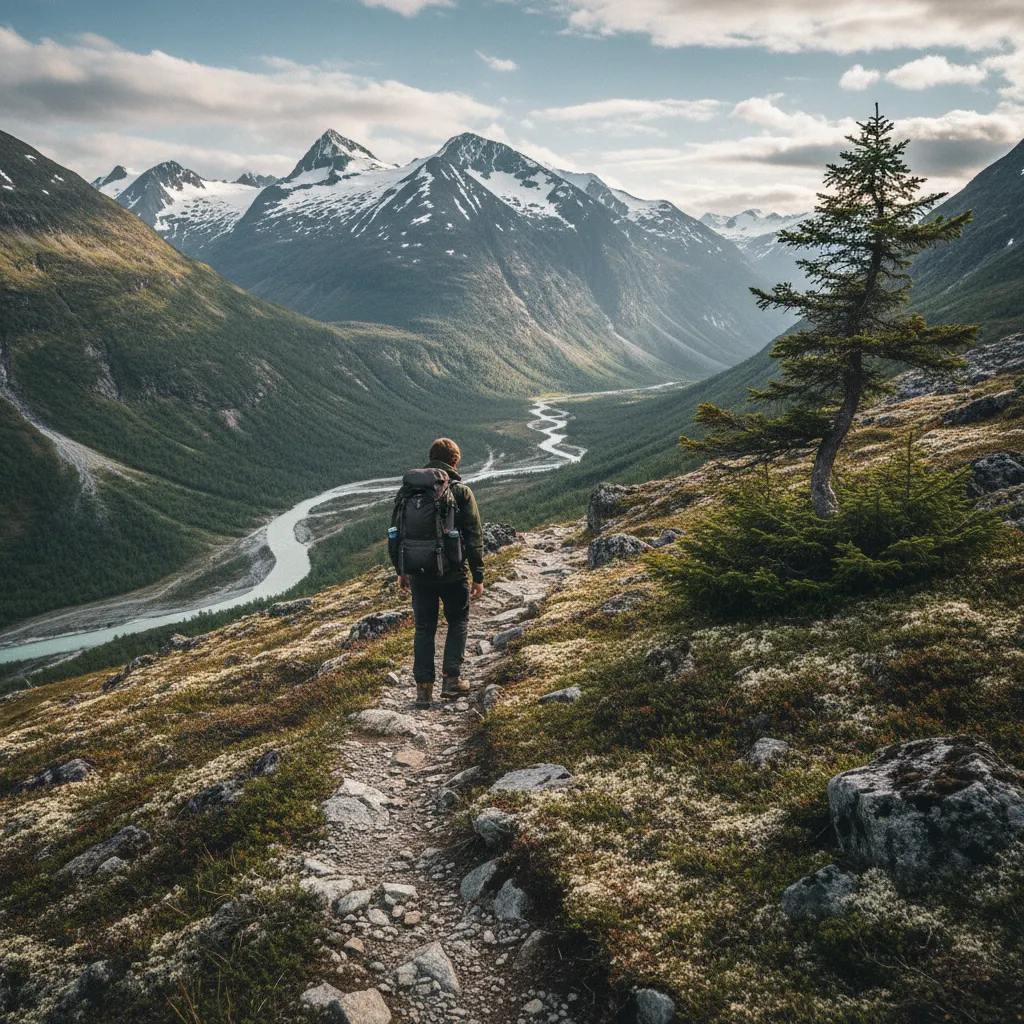 Solo-Wanderer auf einem Bergpfad in der skandinavischen Wildnis