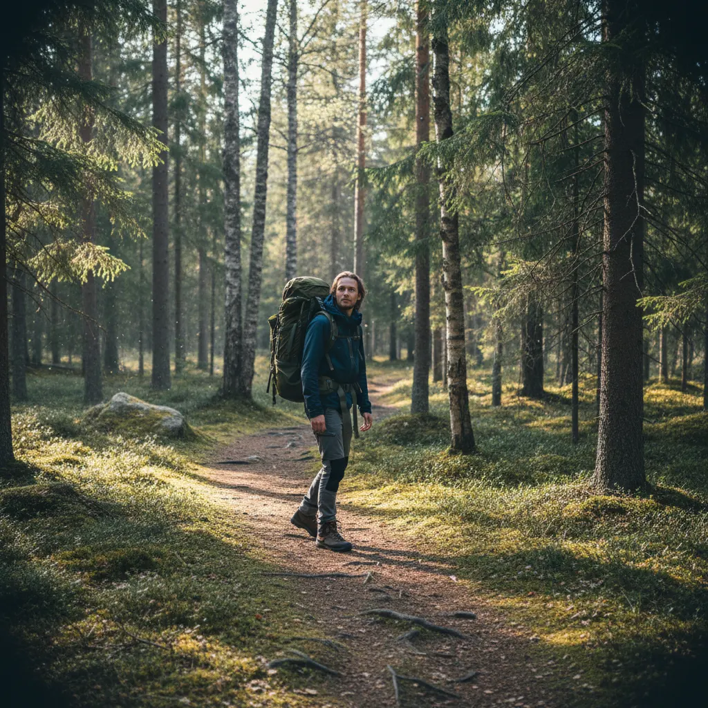 Solo-Wanderer auf einem Pfad durch schwedischen Wald mit Rucksack