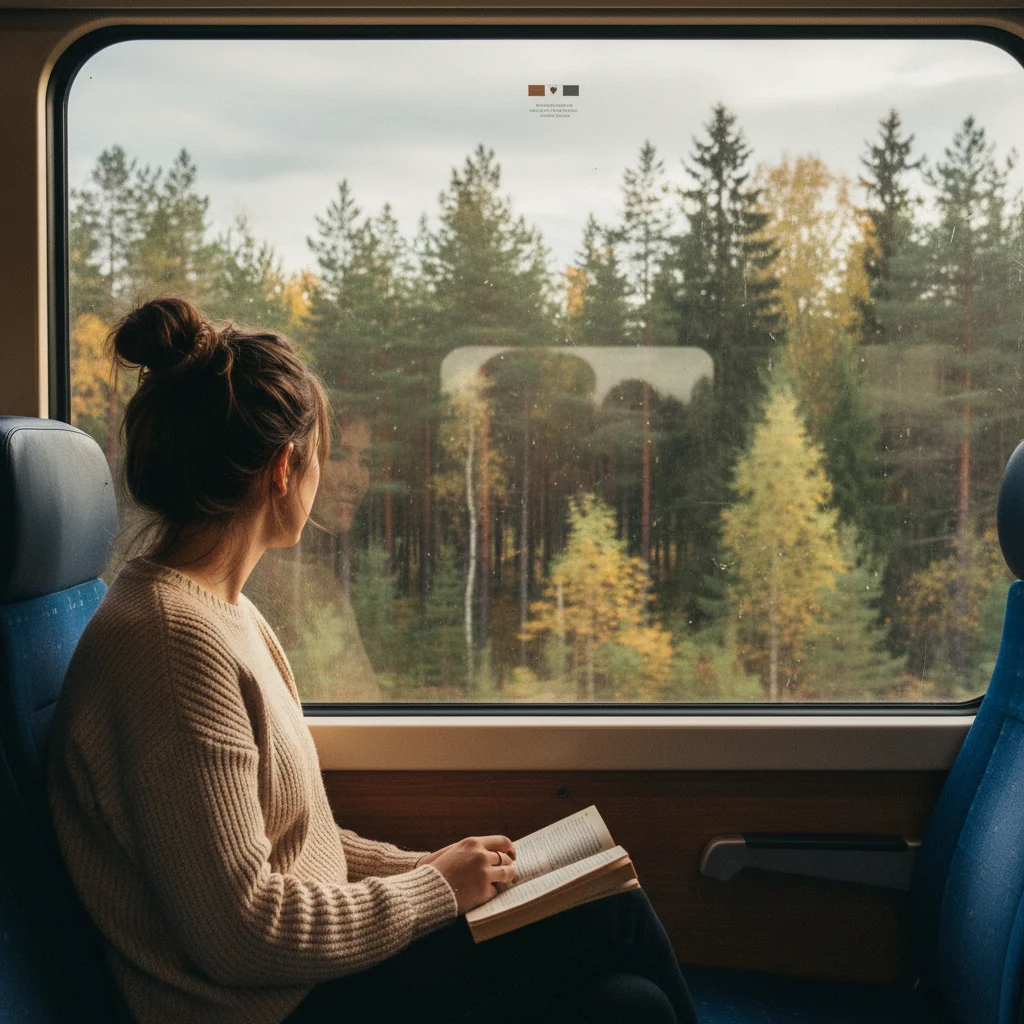 Alleinreisende im schwedischen Zug schaut aus dem Fenster auf Waldlandschaft