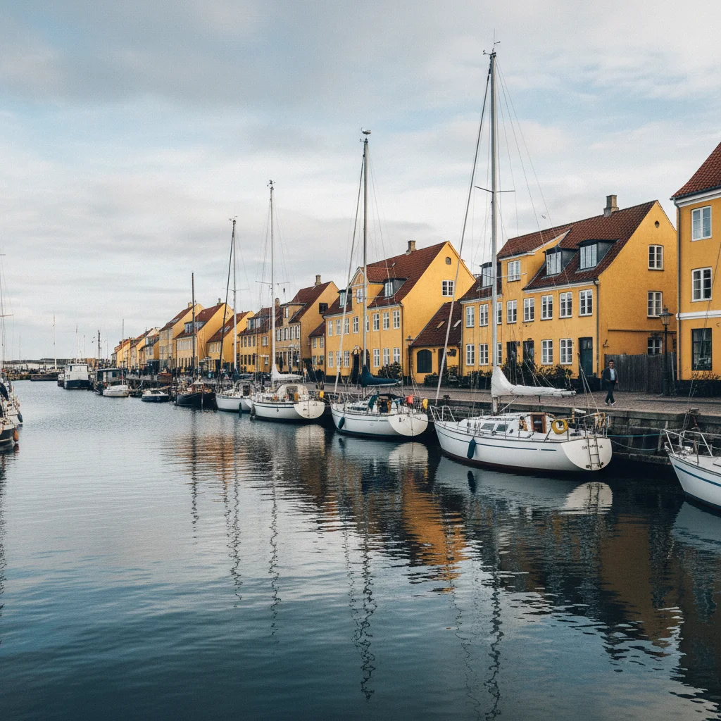 Der historische Hafen von Dragør mit gelben Häusern und Segelbooten