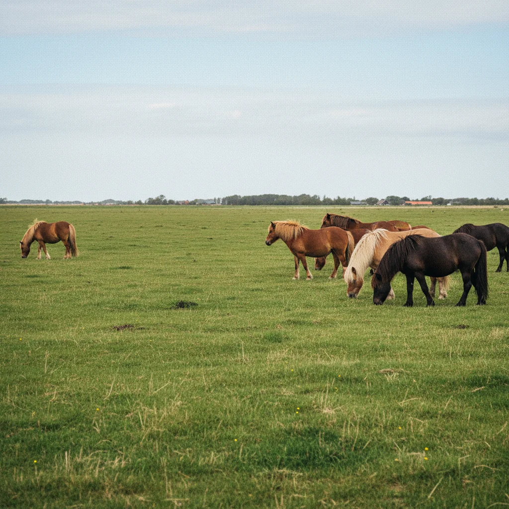 Weite grüne Wiesen im Naturpark Amager mit grasenden Pferden