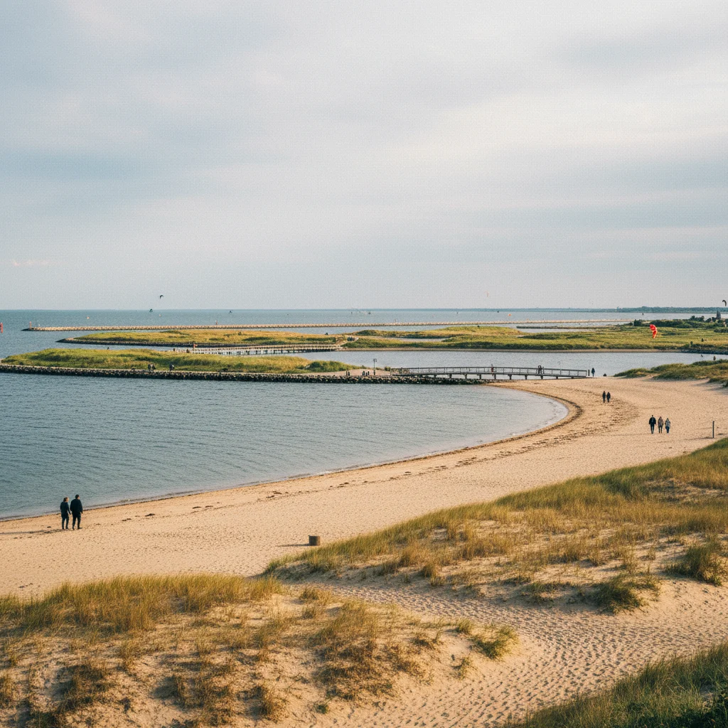 Blick über den Amager Strandpark mit Sandstrand und Wasser