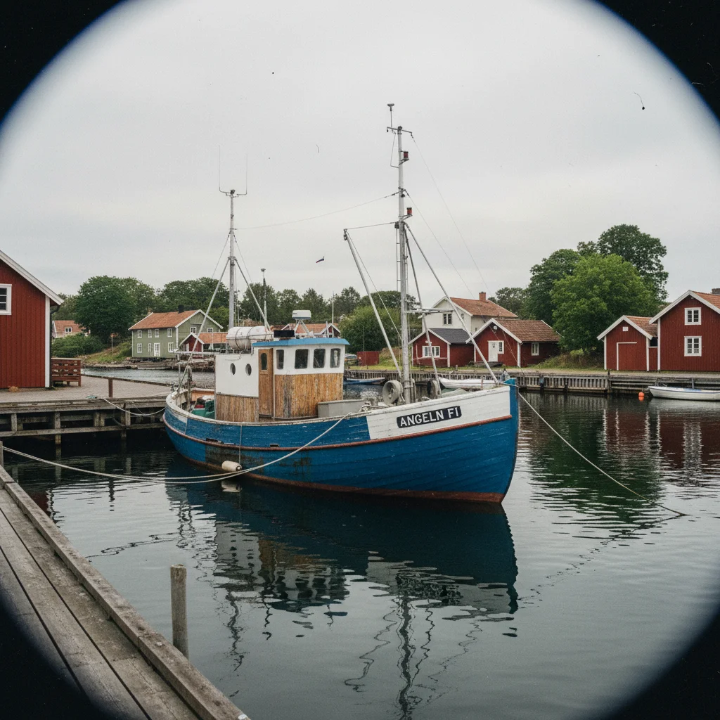 Angler in einem Ruderboot auf einem finnischen See bei Abendlicht