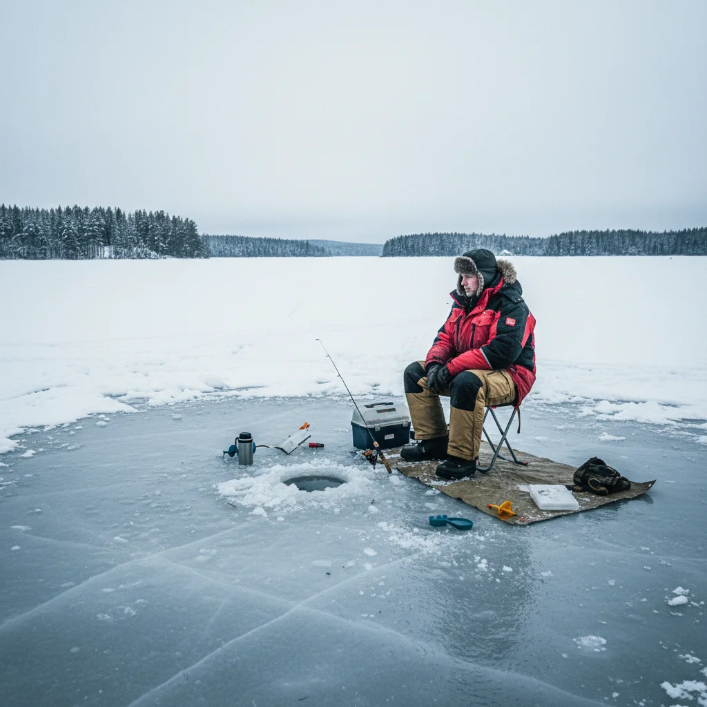 Angler beim Eisfischen auf einem zugefrorenen finnischen See im Winter
