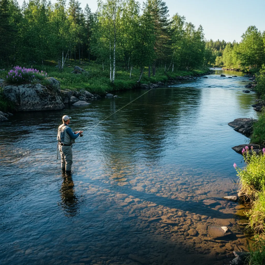 Angler steht in einem klaren Fluss in Lappland beim Fliegenfischen im Sommer