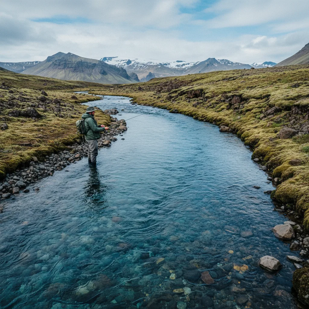 Kristallklarer Fluss in Islands Hochland mit Angler am Ufer