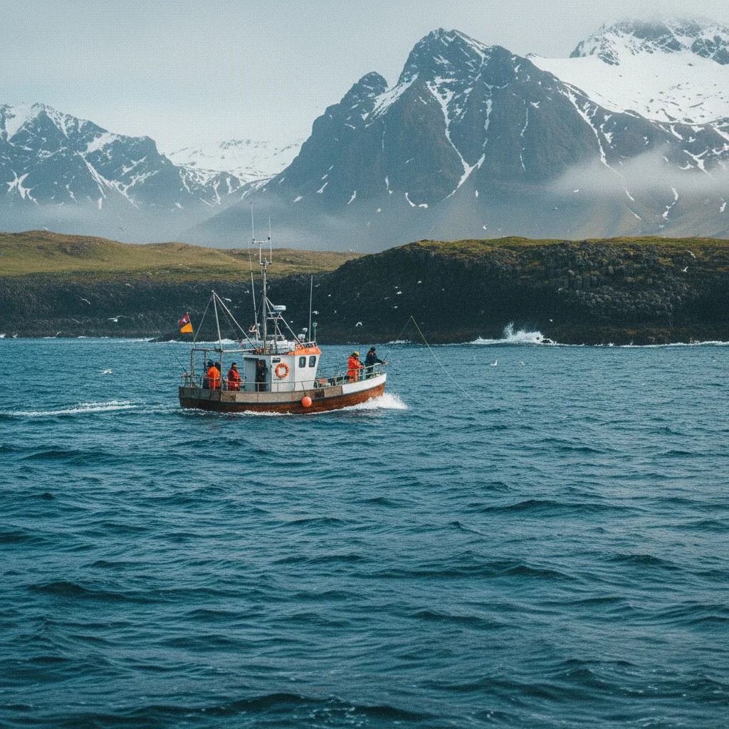 Boot beim Meeresangeln vor Islands Küste mit Bergen im Hintergrund